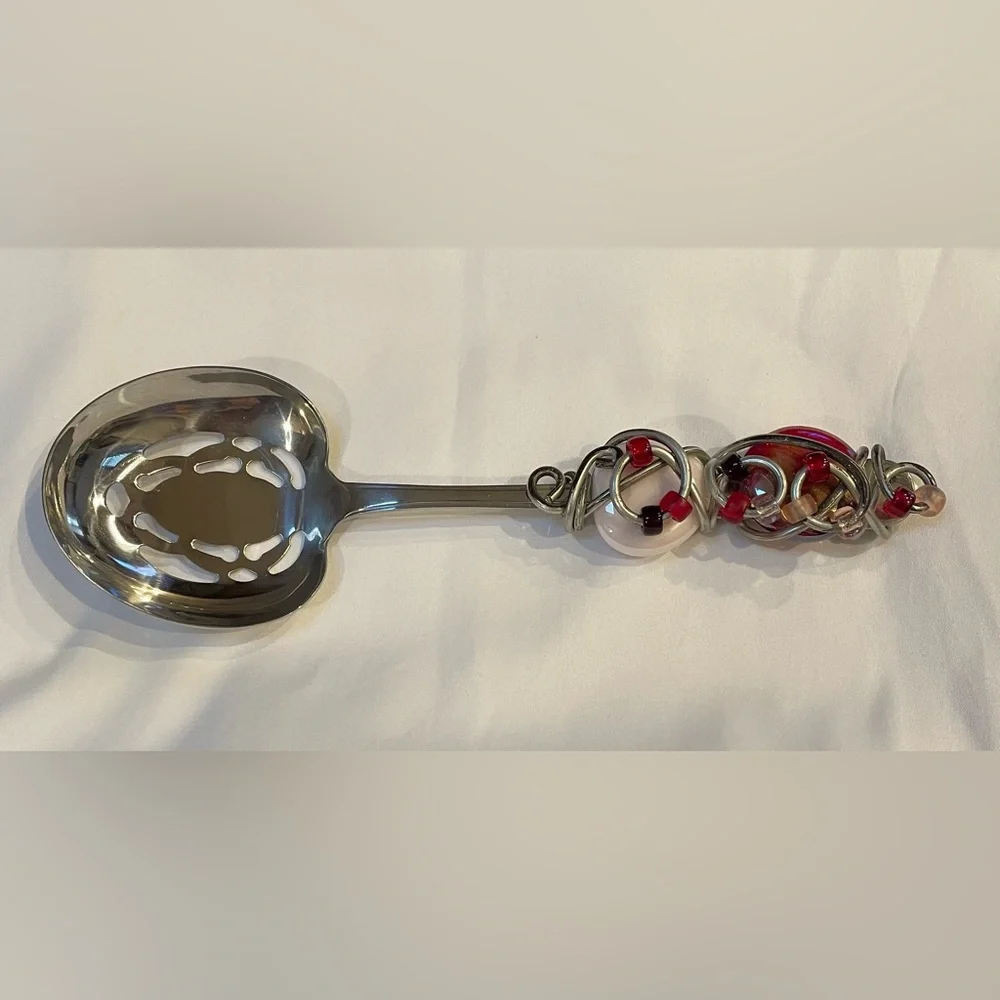 Decorative Stainless Steel Slotted Serving Spoon with Wire Wrapped Beaded Handle